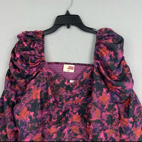 Anthropologie Samant Chauhan Blouse 2X Purple Floral Puff Square Ruched NWT - Picture 4 of 15